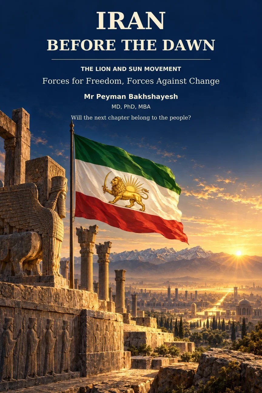Iran Before the Dawn, with the Lion and Sun flag and Iranian heritage