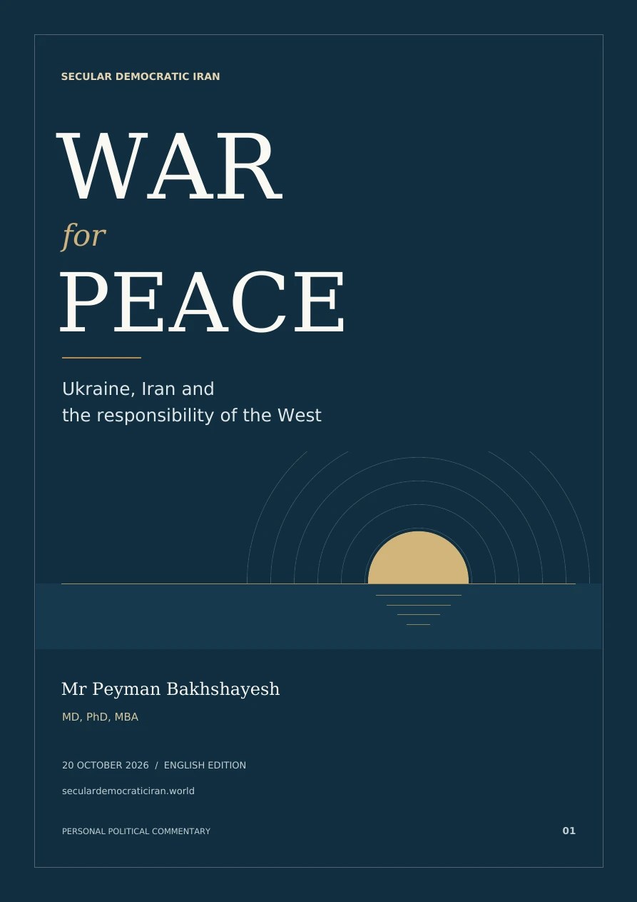 War for Peace by Mr Peyman Bakhshayesh: navy and gold cover with a rising sun over a quiet horizon
